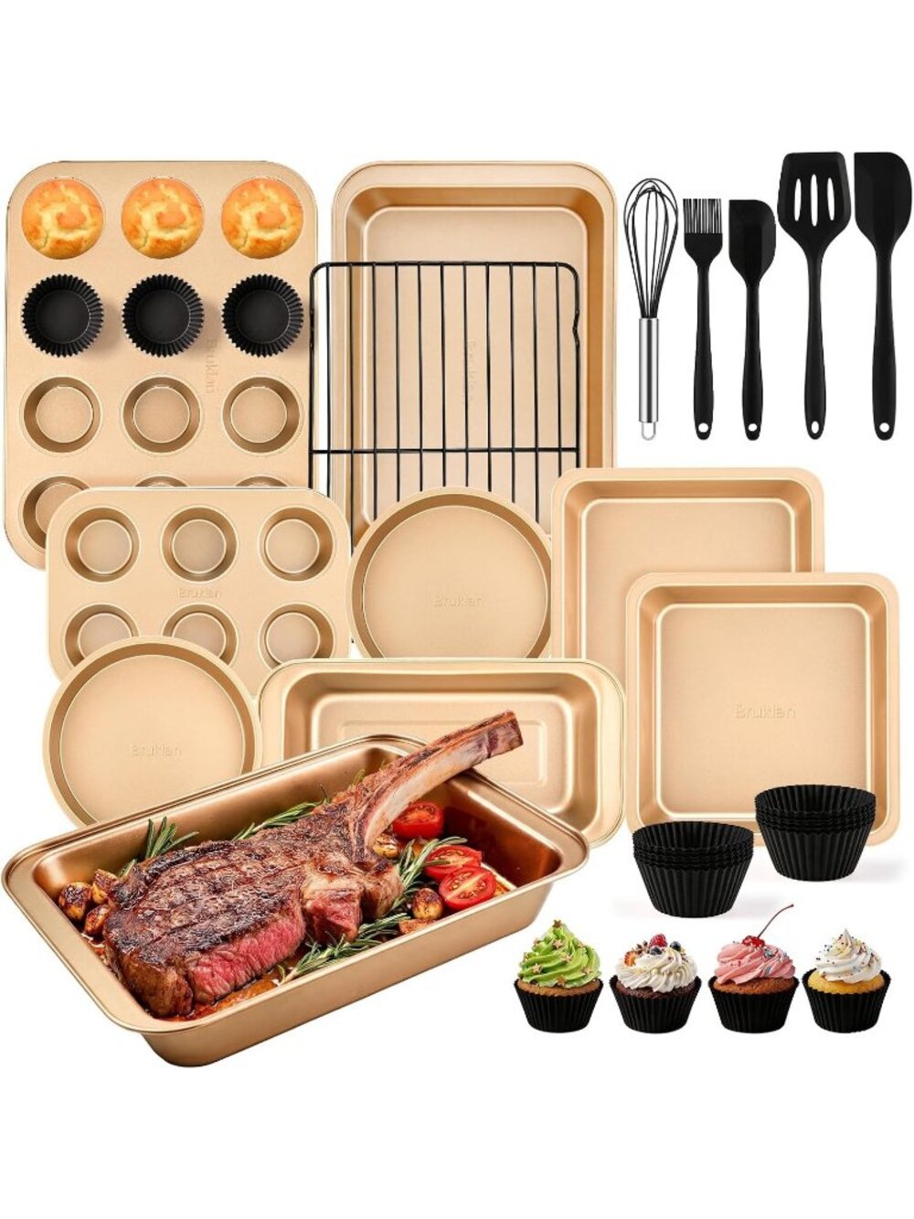 25-Picec Gold Nonstick Baking Pans Set, High-Carbon Steel for Kitchen Bakeware
